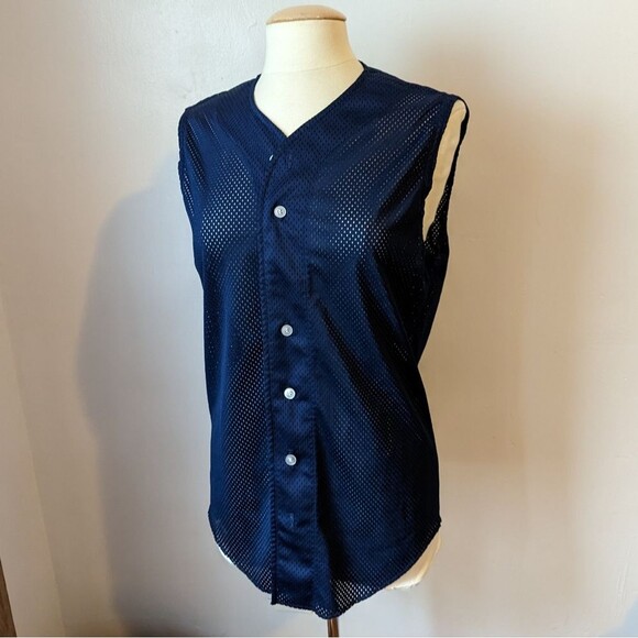 Vintage Navy Blue Mesh Sleeveless Button-Down Jersey by Wilson's Size S - Picture 1 of 8